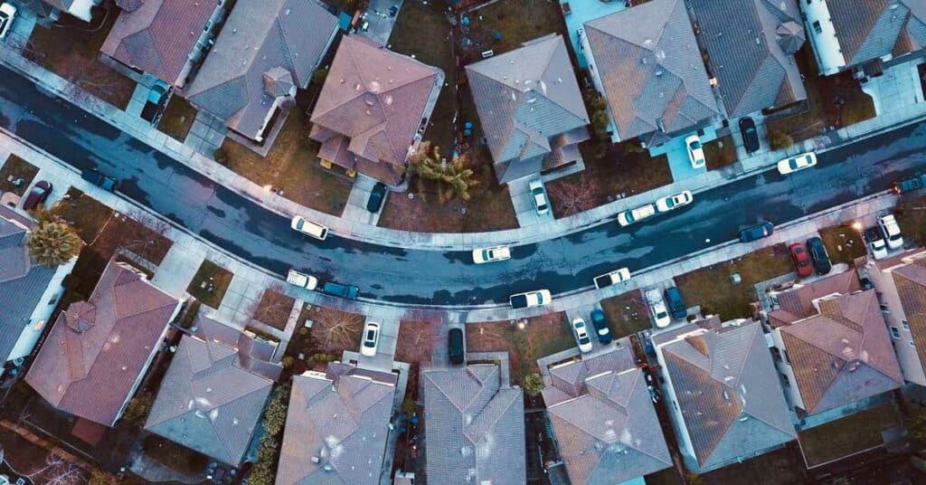 Overhead view of a suburban neighborhood street